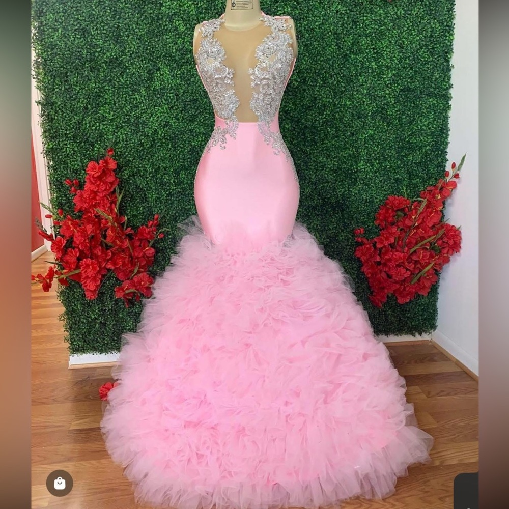 Mermaid Evening Gown - Illusion Lace Bodice Rhinestone Appliqué Ruffle Train